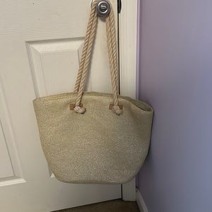 Silver and gold threaded canvas/ straw beach bag with rope straps